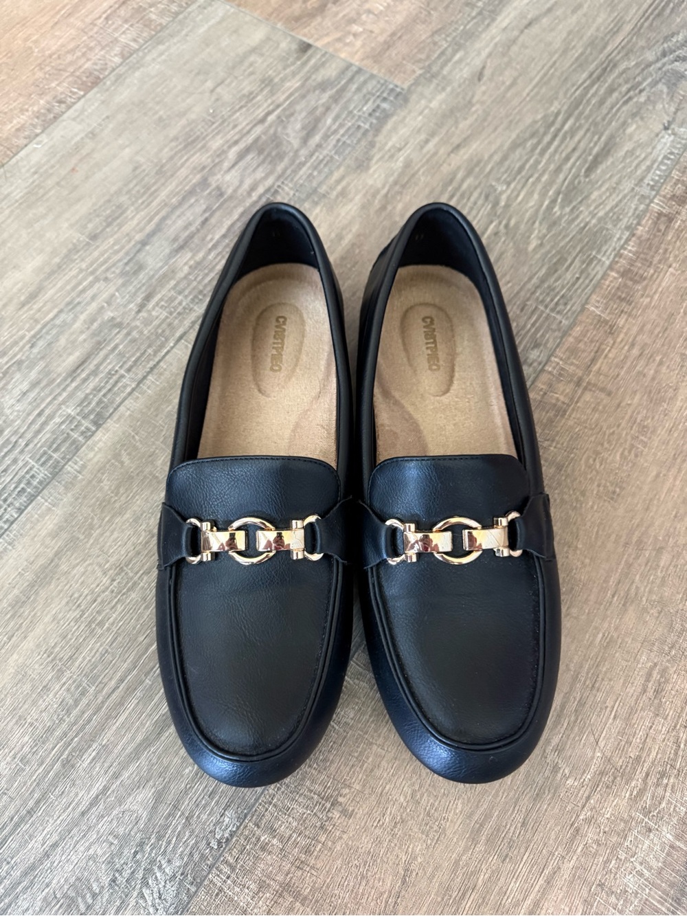 Black Women's Loafers with Gold Chain Accent - Comfort Insole